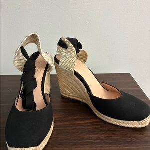 J. Crew Black and Cream Canvas Espadrille Wedges